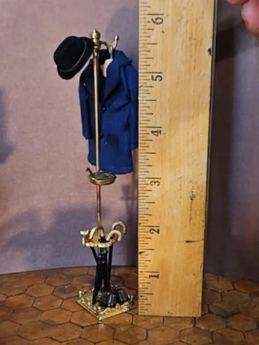 Brass Dollhouse Miniature Hat and Coat Rack with Umbrella Stand Artist Made